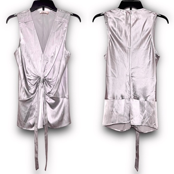 RAMY BROOK Lavender Silk Satin V-Neck Sleeveless Draped Ruched Tie Front Top XS - Picture 4 of 5